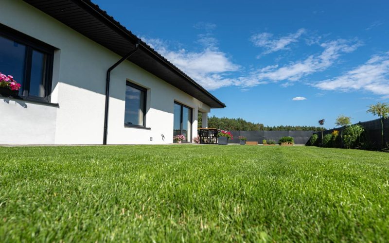Beautiful garden with green grass, visible terrace table and house in beautiful summer weather, very wide shot.
