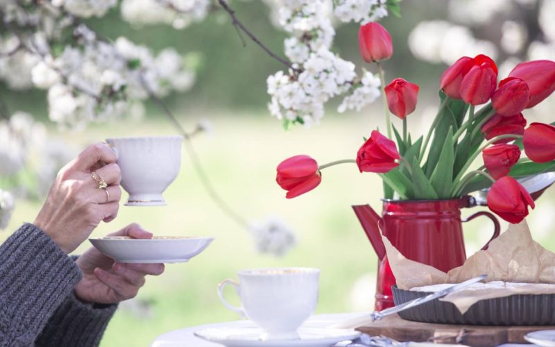 steel life - breakfast in the spring garden. table with white tablecloth served for tea drinking and girl drinking tea