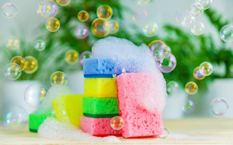 Eco household cleaner and sponge with foam. Selective focus. Nature.